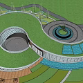 Modern Circular Architectural Design With Green Lawn Water Pool Steps And Trees