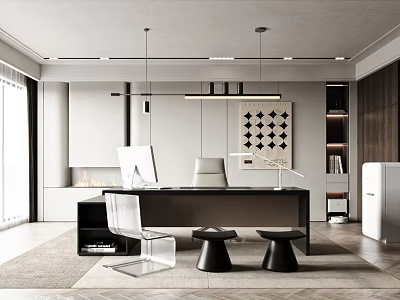 Modern Office Interior Design With Minimalist Desk Transparent Chair Black Stools and Pendant Lights 3d model