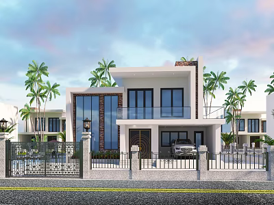 Modern Two Story Detached Villa Exterior With Large Glass Windows Palm Trees And Front Gate 3d model
