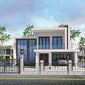 Modern Two Story Detached Villa Exterior With Large Glass Windows Palm Trees And Front Gate