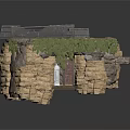 Underground Cave Interior With Rock Walls Red Brick Doors White Equipment And Metal Grid Floor