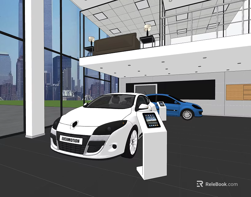 Modern Car Showroom Interior With White And Blue Cars Information Kiosk And City View 3d model 