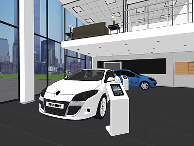 Modern Car Showroom Interior With White And Blue Cars Information Kiosk And City View 3d model