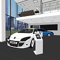 Modern Car Showroom Interior With White And Blue Cars Information Kiosk And City View
