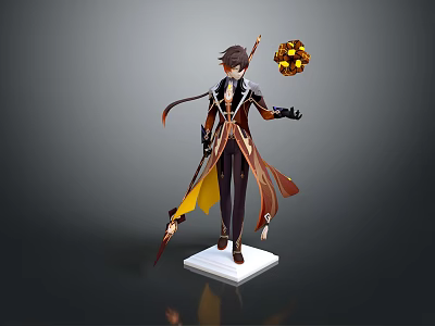 Vibrant Robed Game Movie Character Holding Golden Orb with Flowing Cape Standing on White Base 3d model