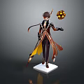 Vibrant Robed Game Movie Character Holding Golden Orb with Flowing Cape Standing on White Base