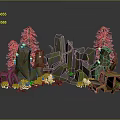 Lush Forest Scene With Rock Formations Pine Trees Glowing Mushrooms And Abandoned Car
