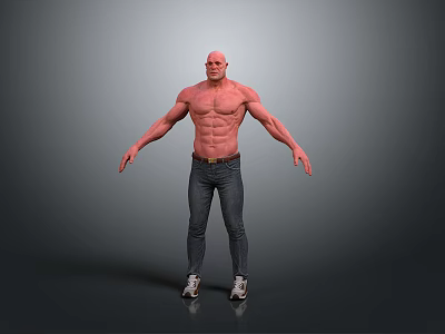 Muscular Shirtless Man Standing With Arms Outstretched Wearing Jeans And Sneakers On Grey Background 3d model