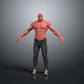 Muscular Shirtless Man Standing With Arms Outstretched Wearing Jeans And Sneakers On Grey Background