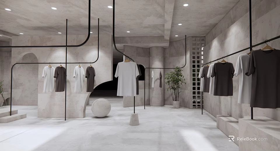 Modern Clothing Store Interior With Hanging Apparel Black Racks Round Decor And Green Plant 3d model 