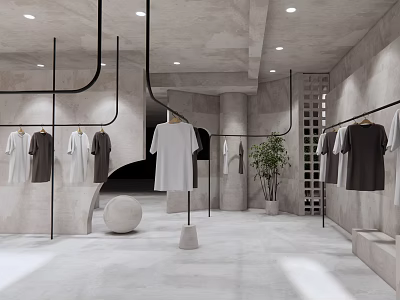 Modern Clothing Store Interior With Hanging Apparel Black Racks Round Decor And Green Plant 3d model