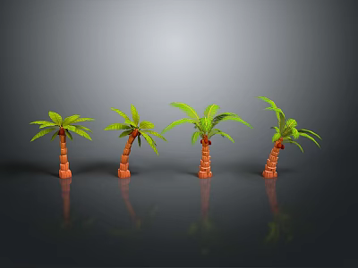 Four Palm Trees With Green Leaves And Brown Trunks On Gray Background With Reflective Surface 3d model