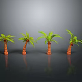 Four Palm Trees With Green Leaves And Brown Trunks On Gray Background With Reflective Surface