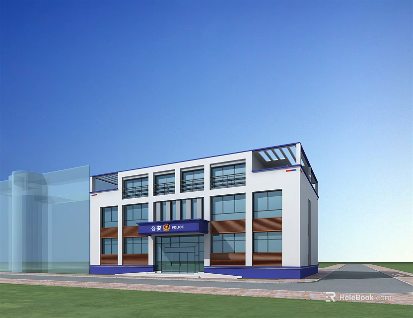 Two Story Modern Building With White Blue Exterior Large Windows Front Entrance And Lawn 3d model 