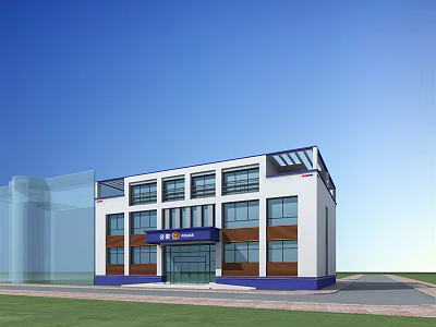 Two Story Modern Building With White Blue Exterior Large Windows Front Entrance And Lawn 3d model