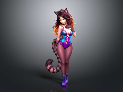 Anime Female Character With Cat Ears Tail Purple Blue Bodysuit Long Brown Hair Purple Boots 3d model