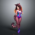 Anime Female Character With Cat Ears Tail Purple Blue Bodysuit Long Brown Hair Purple Boots