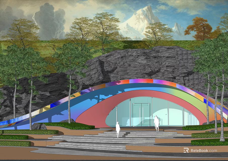 Rainbow Colored Arched Gate With Glass Doors Trees And Mountain Views 3d model 