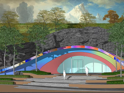 Rainbow Colored Arched Gate With Glass Doors Trees And Mountain Views 3d model