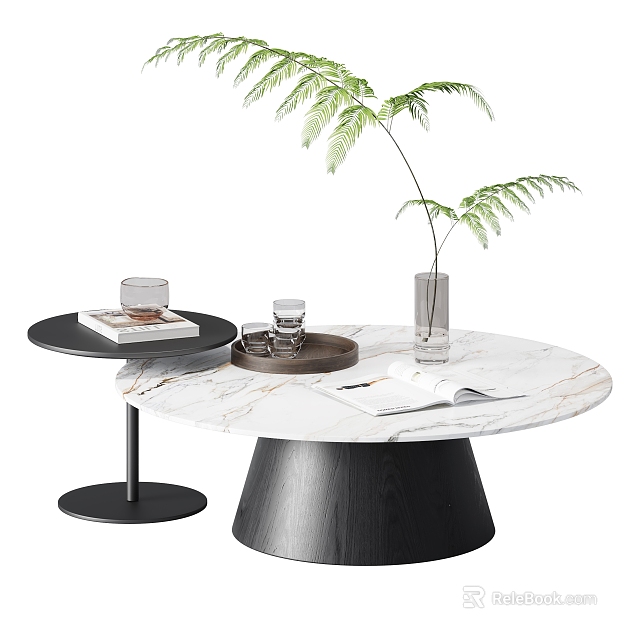 Modern Coffee Table With White Marble Top Black Base Side Table Books Cup And Plant 3d model 