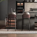 Modern Restaurant Interior With Open Kitchen Dark Cabinets Bar Stools And Dining Chairs 3d model