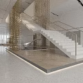 Modern Lobby Interior With Gold Grid Decoration White Staircase Glass Railing And Wooden Floor