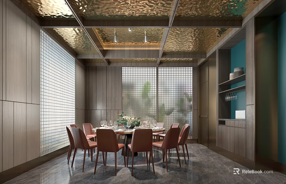 Luxurious Private Dining Room With Golden Ceiling Wooden Walls Lattice Windows And Red Chairs 3d model 