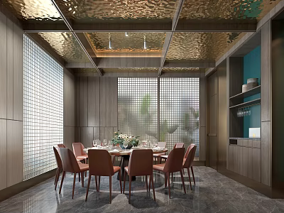 Luxurious Private Dining Room With Golden Ceiling Wooden Walls Lattice Windows And Red Chairs 3d model