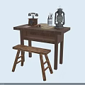 Rustic Wooden Table With Stool Vintage Telephone Lantern And Stationery
