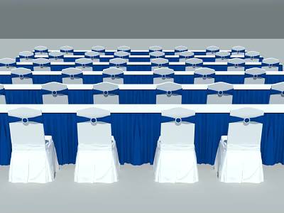Organized Event Venue Arrangement With Blue Tablecloths And White Chairs In Rows 3d model