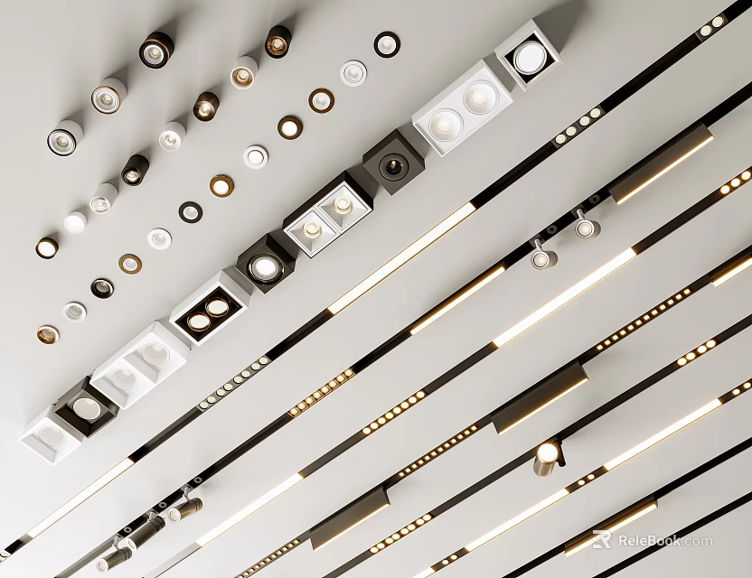 Downlights and Spotlights with Modern Designs Arranged in Ceiling for Interior Lighting Effects 3d model
