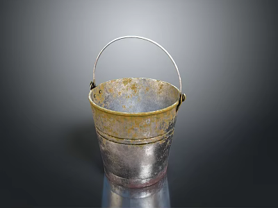 Vintage Rustic Metal Bucket With Silver Body Handle And Rusty Yellow Rim 3d model