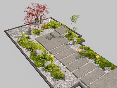 Japanese Garden Design With Red Tree Stone Steps Green Plants And Lanterns 3d model
