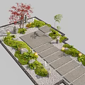 Japanese Garden Design With Red Tree Stone Steps Green Plants And Lanterns
