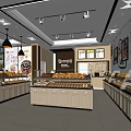Modern Dessert Shop Interior With Display Cases Bread Pastries Pendant Lights Counters And Menu Screens