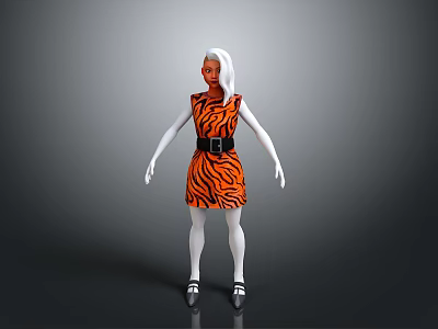 3D Character With White Hair Orange Black Striped Dress Black Belt White Stockings Black Shoes 3d model