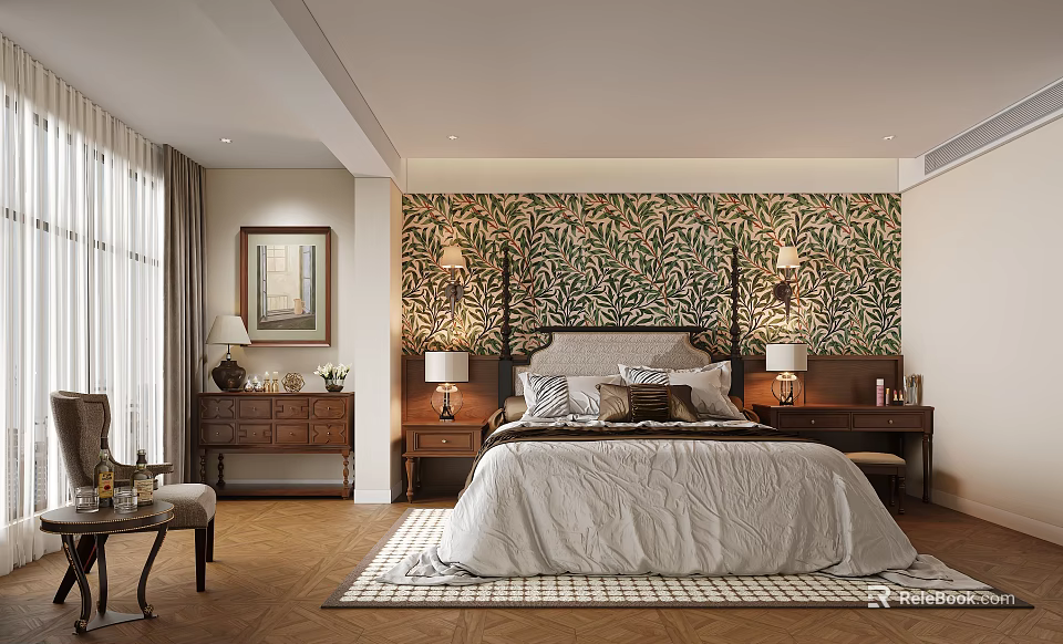 Elegant Bedroom Interior With Green Leafy Wallpaper Bedside Tables And Wooden Floor 3d model 