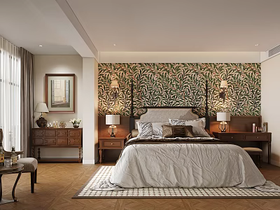 Elegant Bedroom Interior With Green Leafy Wallpaper Bedside Tables And Wooden Floor 3d model
