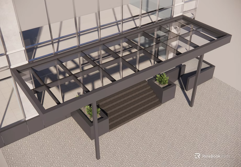 Glass Canopy With Metal Frame For Building Entrance Featuring Steps And Potted Plants 3d model 