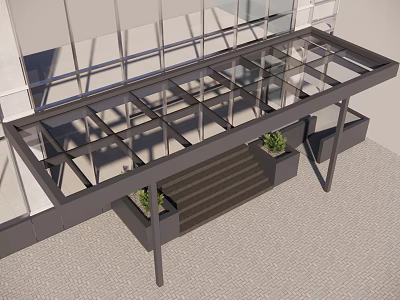 Glass Canopy With Metal Frame For Building Entrance Featuring Steps And Potted Plants 3d model