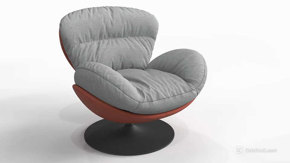 Stylish Gray Upholstered Accent Chair With Wooden Armrests And Black Round Base 3d model 