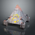 Pyramid Shaped Object With Yellow Handprints Gray Orange Surface And Metal Wheels 3d model