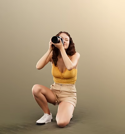 Woman Crouching To Take Photos With Camera Wearing Yellow Top And Beige Shorts 3d model