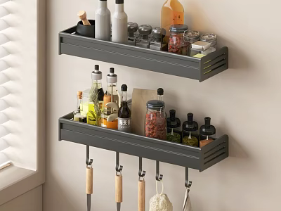 Organized Kitchen Spice Bottles On Wall Mounted Shelves With Cooking Utensils 3d model
