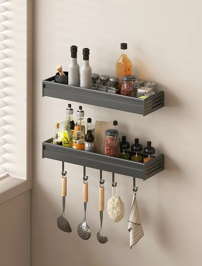 Organized Kitchen Spice Bottles On Wall Mounted Shelves With Cooking Utensils 3d model