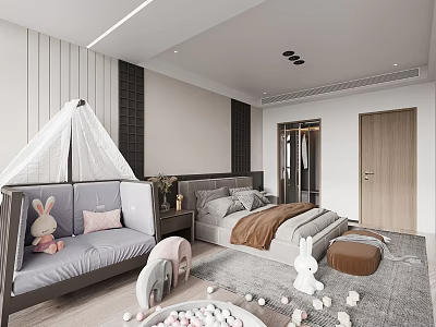 Modern Kids Bedroom Design With Tent Bed And Plush Toys 3d model