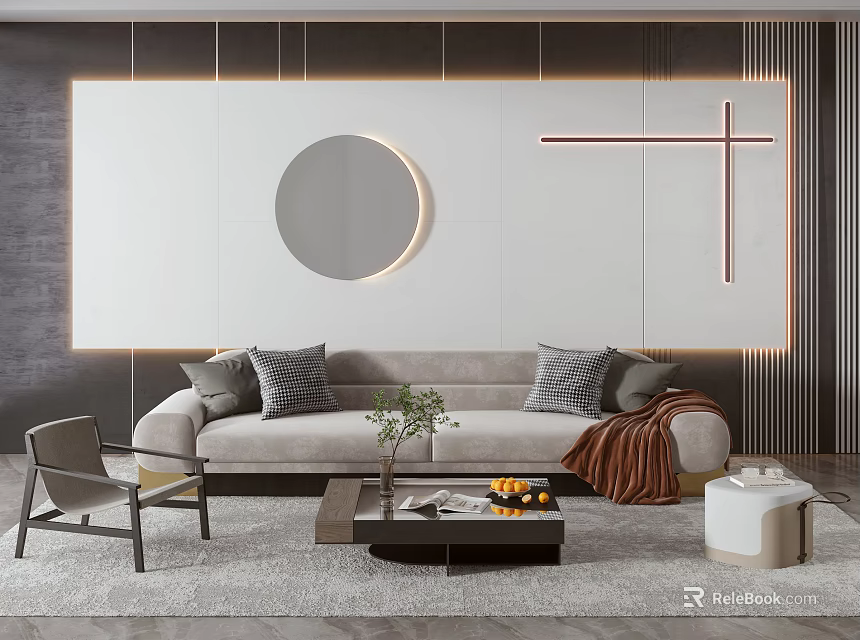 Modern Sofa And Coffee Table Set With Accent Pillows Throw Blanket And Wall Decor Mirror 3d model