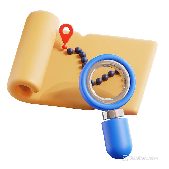 Decorative Ornament Set With Yellow Scroll Red Location Marker Black Beads And Blue Magnifying Glass 3d model 