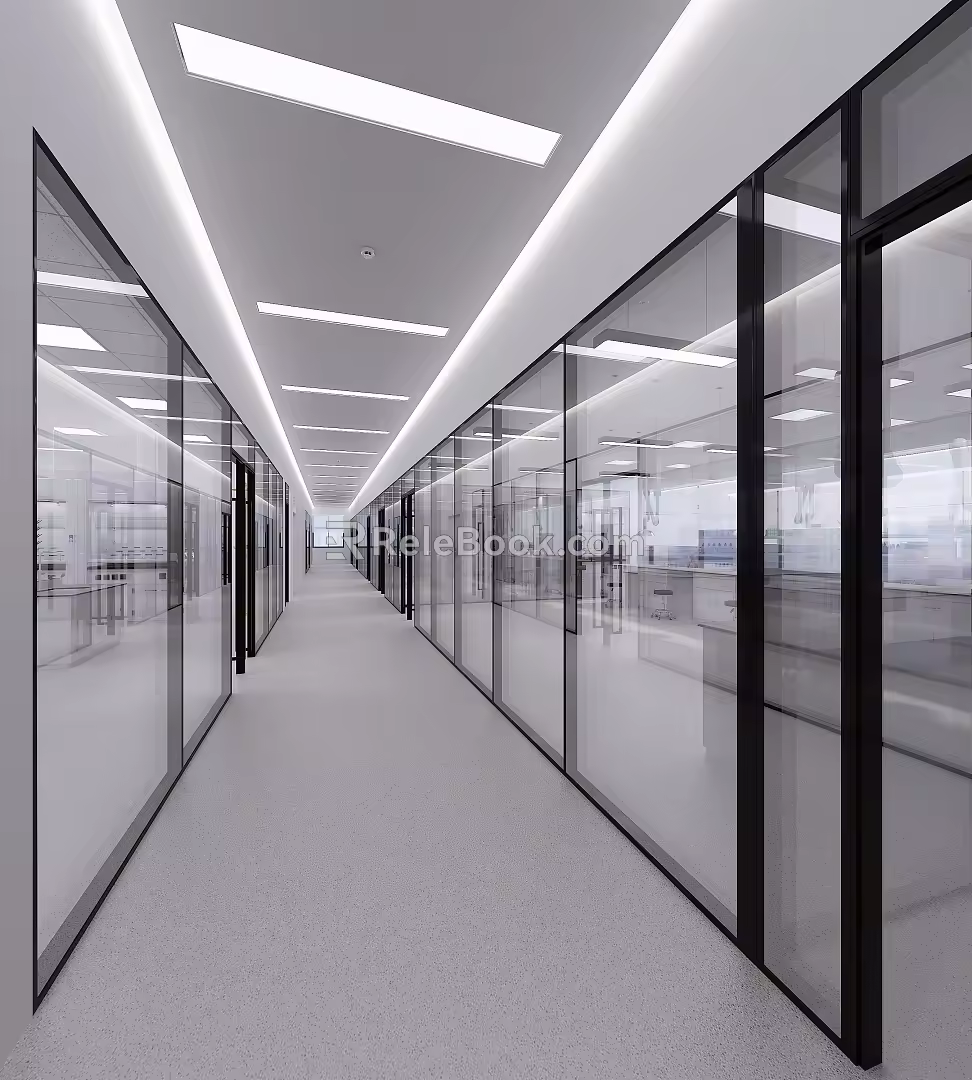 Modern aisle laboratory black frame glass partition corridor 3d model