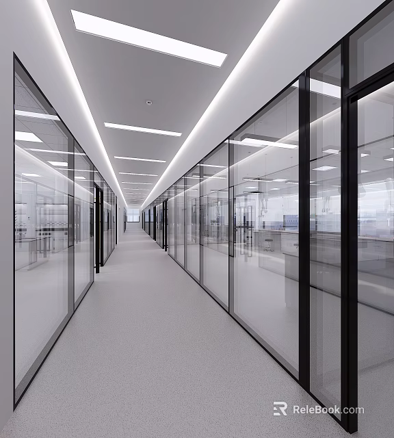Modern Elevator Hallway Interior With Glass Walls And Linear Lighting Design 3d model 
